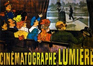 Рекламная афиша, с помощью которой был организован первый киносеанс братьев Люмьер 28 декабря 1895 года. (На экране кадр из картины «Нолитый поливальщик»)