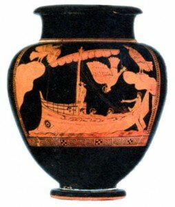 Одиссей слушает пение сирен. Роспись краснофигурной древнегреческой амфоры