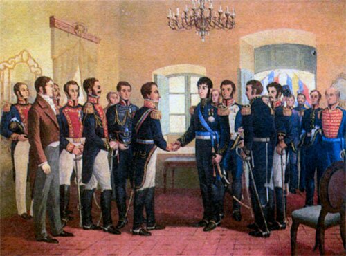Встреча Боливара (слева) с генералом Хосе де Сан-Мартином в Гуаякиле (Эквадор) 26 июля 1822 года, где было решено начать кампанию по освобождению Южной Америки от испанского владычества