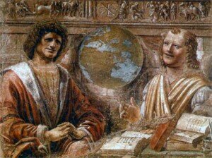 Гераклит («плачущий») и Демокрит («смеющийся философ»). Художник Д. Браманте. 1477 г.