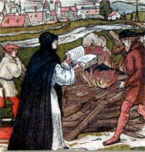 Мартин Лютер сжигает буллу. Гравюра на дереве. 1557 г.