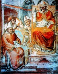 Святой Григорий Великий на троне в окружении епископов. Роспись церкви Санта- Мария Новелла во Флоренции. XIV в.