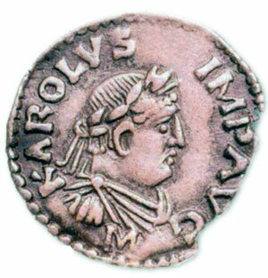 Монета Карла Великого, изображающая Карла в традиционной римской одежде