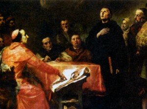 В 1518 году папский легат допрашивает Лютера в Аугсбурге, назвав его еретиком