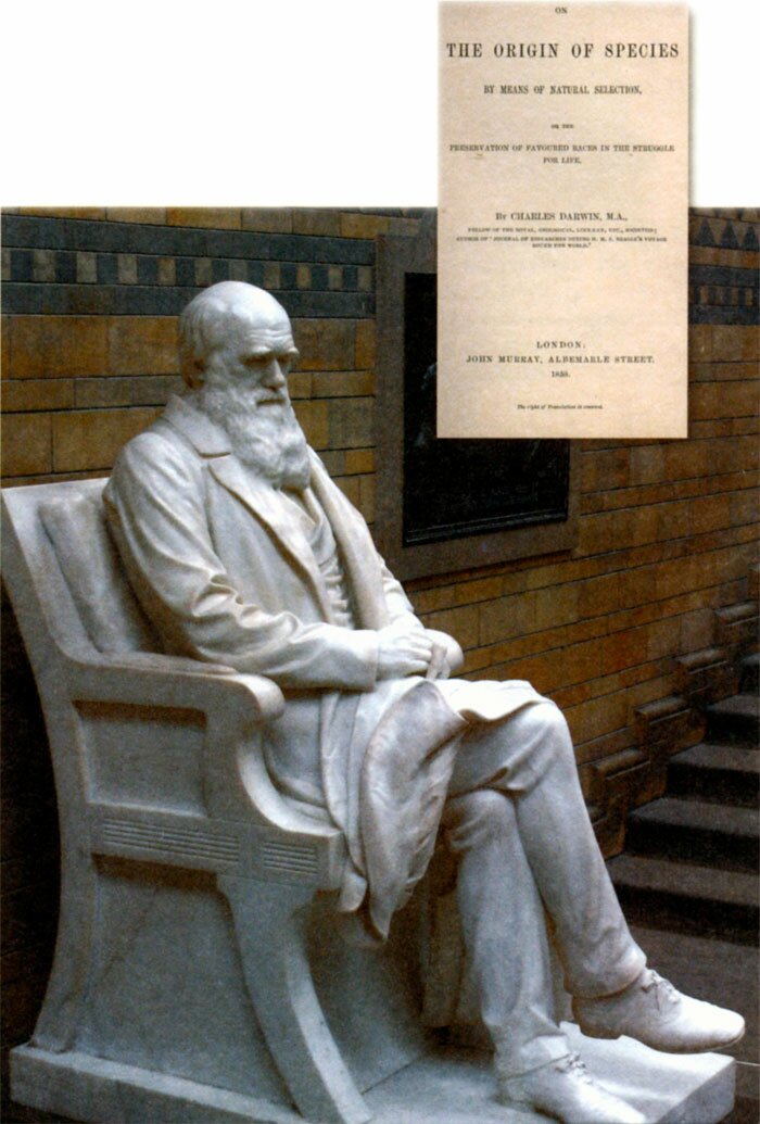 Статуя Дарвина в лондонском Национальном историческом музее и титульный лист книги Дарвина *Происхождение видов». Лондон. 1859 г.